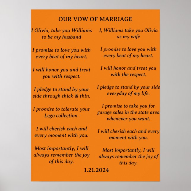 MODERNE MINIMALISTISCHE WEDING VOWS BRIDE & GROOM POSTER (Vorne)