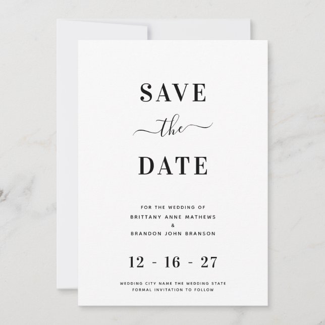 Moderne Minimalistische Weiße Hochzeit Save The Date (Vorderseite)