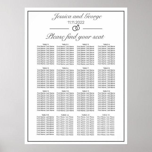 Moderne, Minimalistische, weiße Sitzkarte 16 Tisch Poster (Vorne)