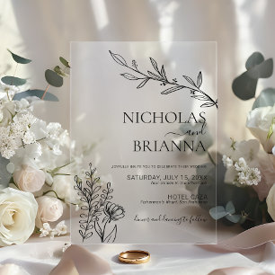 Moderne minimalistische weiße Wildblumen-Hochzeit Acryleinladungen