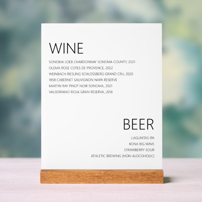 Moderne Minimalistische Wine Beer Drinks Menü Hoch Acrylschild (Neutral)