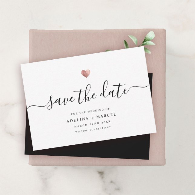 Moderne Minimalkalligraphie Rose Gold Save The Date (Von Creator hochgeladen)