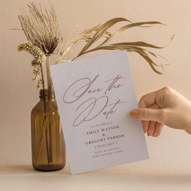 Moderne Minimalkalligraphie Violet Lilac Wedding Save The Date (Von Creator hochgeladen)