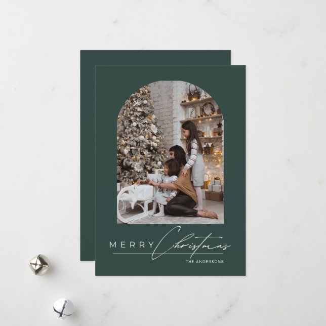 Moderne Minimalschrift-Bogen-Foto Grün Weihnachten (Vorderseite/Rückseite Beispiel)
