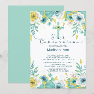 Moderne Mint Gold Floral Erste Heilige Kommune Einladung