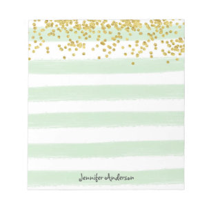 Moderne Mint Green Strip Gold Confetti personalisi Notizblock