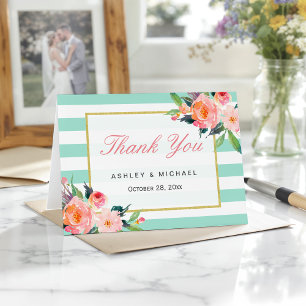 Moderne mintgrüne Streifen Elegante Florale Dankes Dankeskarte