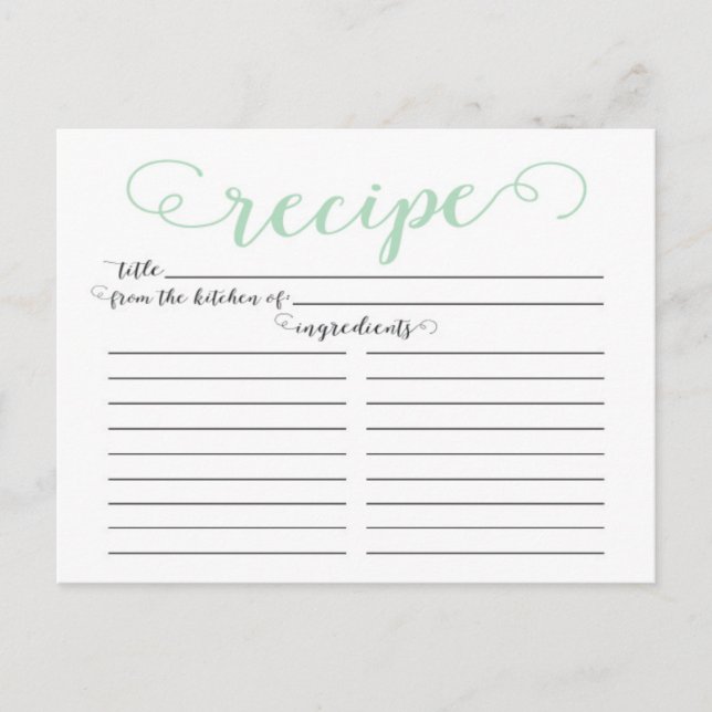 Moderne Minze Green Script Brautparty Rezept Card Postkarte (Vorderseite)