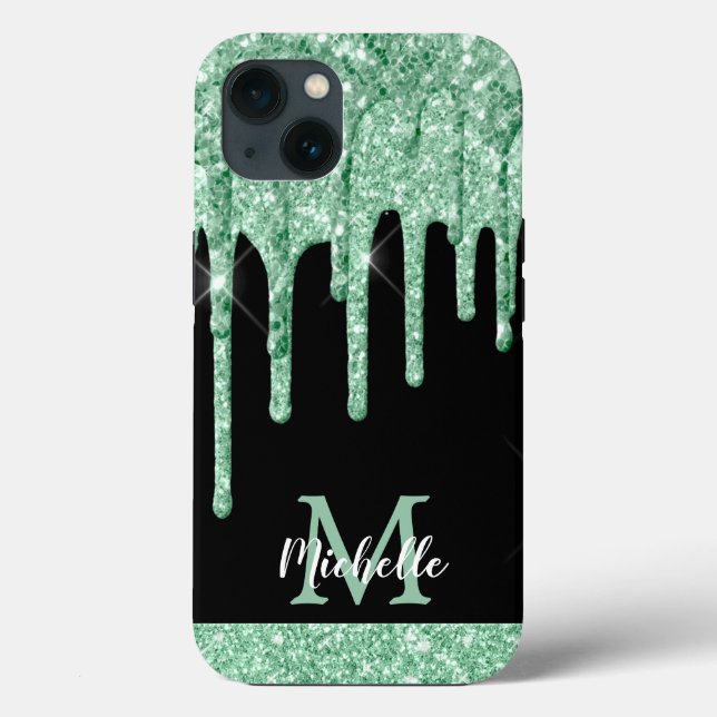 Moderne Minze grüne Glitzer Tropfen Monogram Case  (Rückseite)