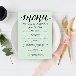Moderne Minze und schwarze Schrift Hochzeit Menükarte