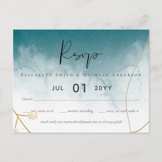 Moderne Misty Blue Gold Wedding Postkarte (Vorderseite)