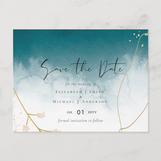 Moderne Misty Blue Gold Wedding Postkarte (Vorderseite)
