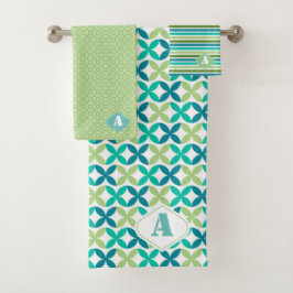Moderne Mit Monogramm, blaugrüne geometrische Form Badhandtuch Set