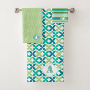 Moderne Mit Monogramm, blaugrüne geometrische Form Badhandtuch Set