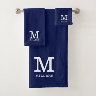 Moderne Mit Monogramm Familienname Navy Blue und W Badhandtuch Set
