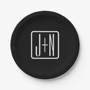 Moderne Mit Monogramm Initialen Schwarz und Weiß Pappteller