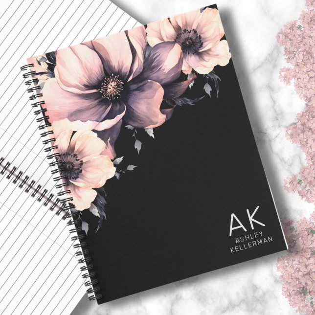 Moderne Mit Monogramm Schwarz-Pink-Blüteninitialen Notizbuch (Chic Modern Black Pink Floral Monogrammed Initials Notebook)