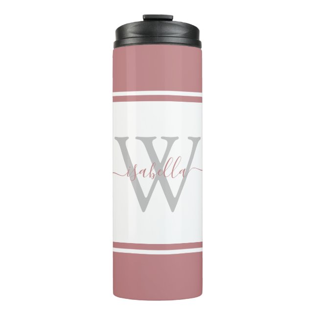 Moderne Mit Monogramm Script-Dusty-Rose Thermosbecher (Vorderseite)
