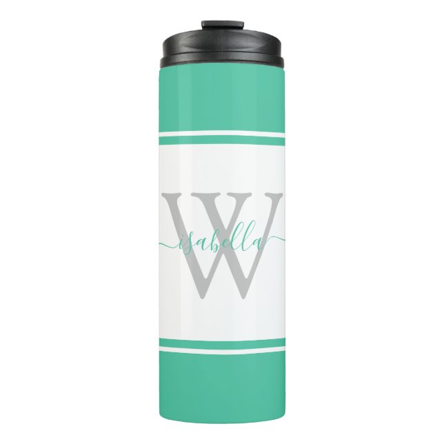Moderne Mit Monogramm Script Minze Thermosbecher (Vorderseite)
