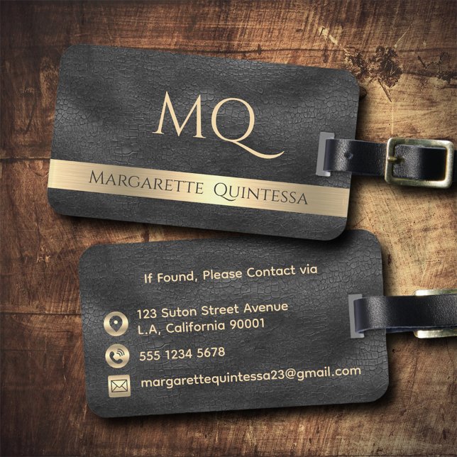 Moderne Mit Monogramm Shiny Black Leather Gold Gepäckanhänger (Von Creator hochgeladen)