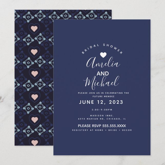 Moderne Mittelmeer Bridal Romantic Tiles Navy Einladung (Vorne/Hinten)