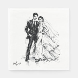 Moderne Mode-Kohlezeichnung Hochzeitspaar Serviette