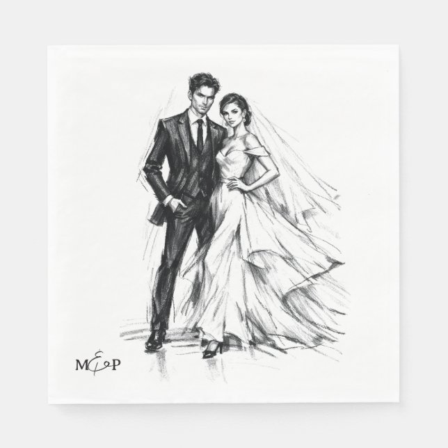 Moderne Mode-Kohlezeichnung Hochzeitspaar Serviette (Vorderseite)