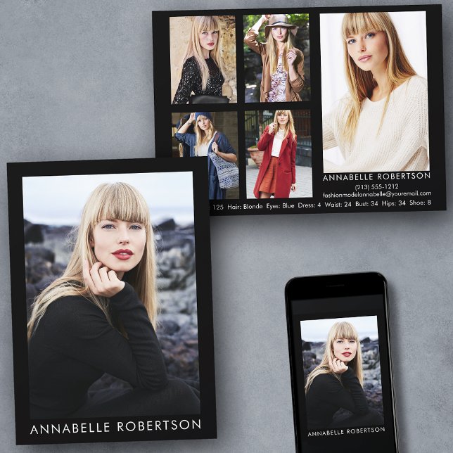 Moderne Modell- und Actor 6-Foto-Comp-Karte Einladung (Customize to change background color, text size or text style. Available for prints and download.)