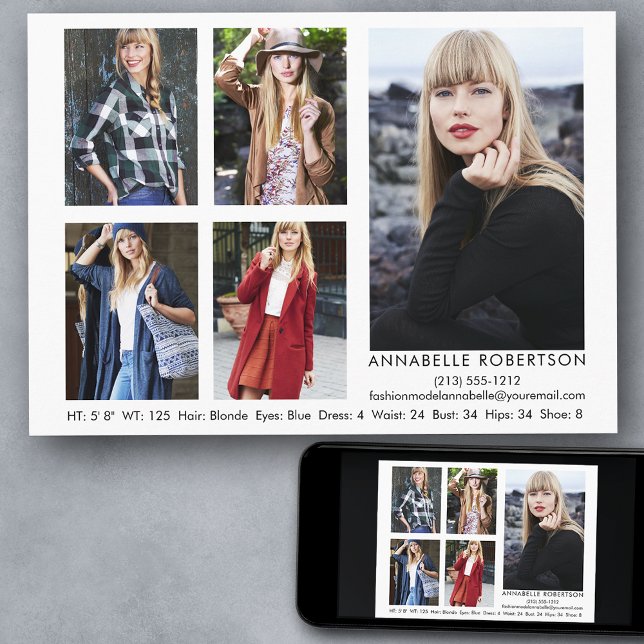 Moderne Modell- und Schauspieler-5-Foto-Comp-Karte Einladung (Customize to change background color, text size, style or to add more photos to back of card.)