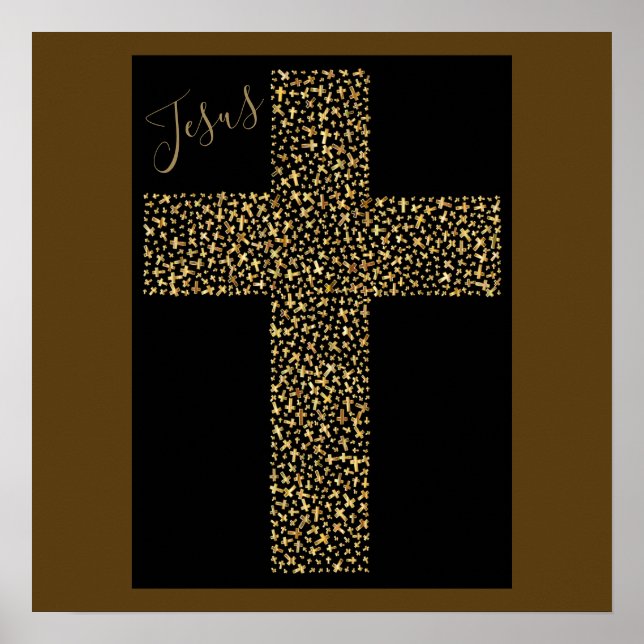 Moderne Moderne Jesus Gold Cross Braun Kunst Poster (Vorne)
