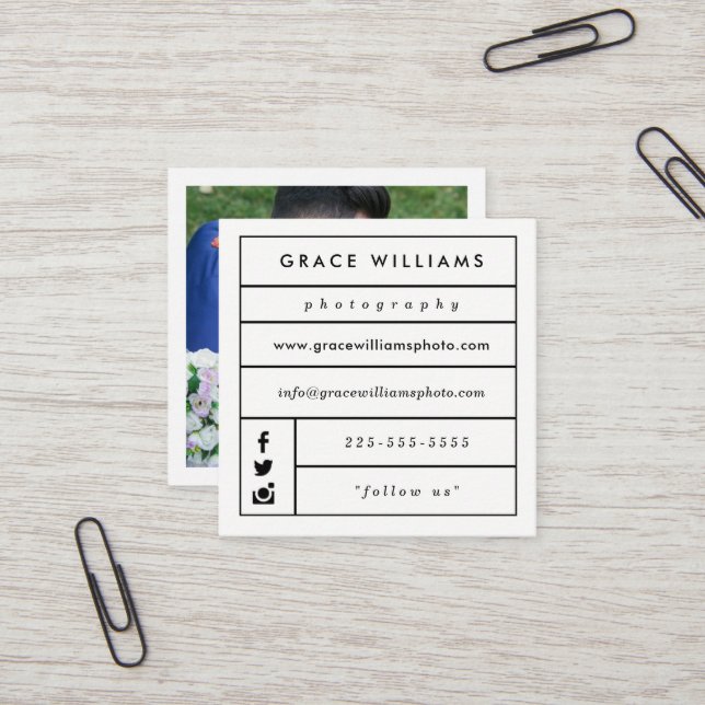 Moderne modische Fotografie-Visitenkarten Quadratische Visitenkarte (Vorderseite/Rückseite Beispiel)