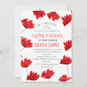 Moderne Mohnblumen Quinceañera Rote Florale Geburt Einladung