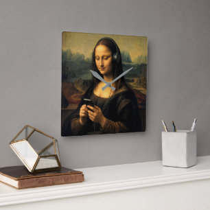 Moderne Mona Lisa mit Smartphone Quadratische Wanduhr