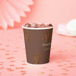Moderne Mongram Coffee Brown and Gold Leaf Wedding Pappbecher