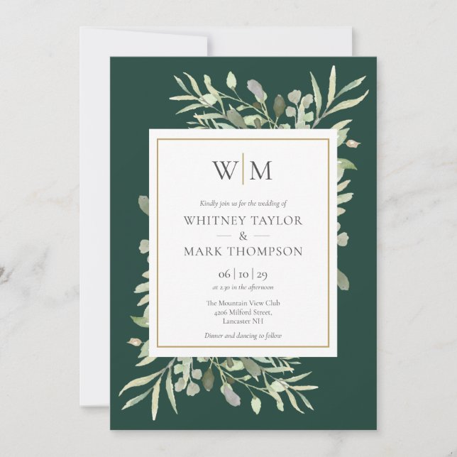 Moderne Mongram Emerald Greenerity Wedding Einladung (Vorderseite)