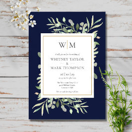 Moderne Mongram Navy Blue Greenerity Wedding Einladung