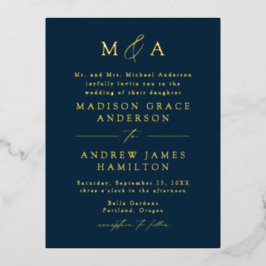 Moderne Mongram Navy und Gold Wedding Folie Einladungspostkarte