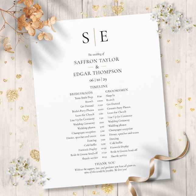 Moderne Mongram Wedding Zeitplan Zeitleiste (Modern Monogram Wedding Schedule Timeline)