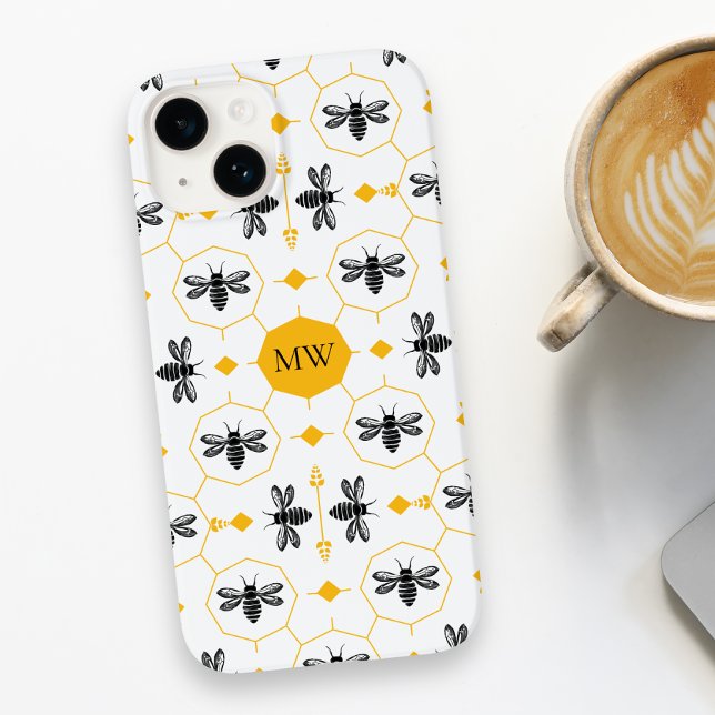 Moderne Monogram Bee Muster Gelbe Honeycomb Chic Case-Mate iPhone Hülle (Modern Monogram Bee Pattern Yellow Honeycomb Chic Case-Mate iPhone Case)