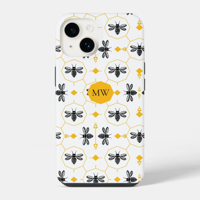 Moderne Monogram Bee Muster Gelbe Honeycomb Chic iPhone Hülle (Rückseite)