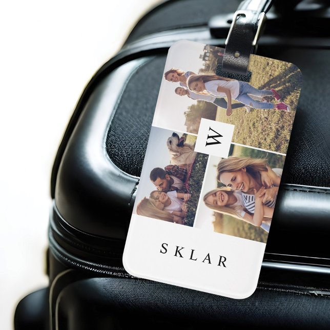 Moderne Monogram-benutzerdefinierte FamilienfotoCo Gepäckanhänger (Modern Monogram Custom Family Photo Collage Luggage Tag)
