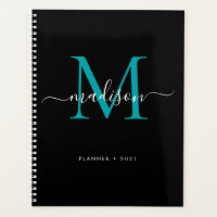 Moderne Monogram Black Aquamarin Green Girly Scrip