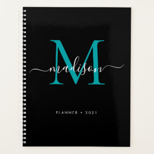 Moderne Monogram Black Aquamarin Green Girly Scrip Planer