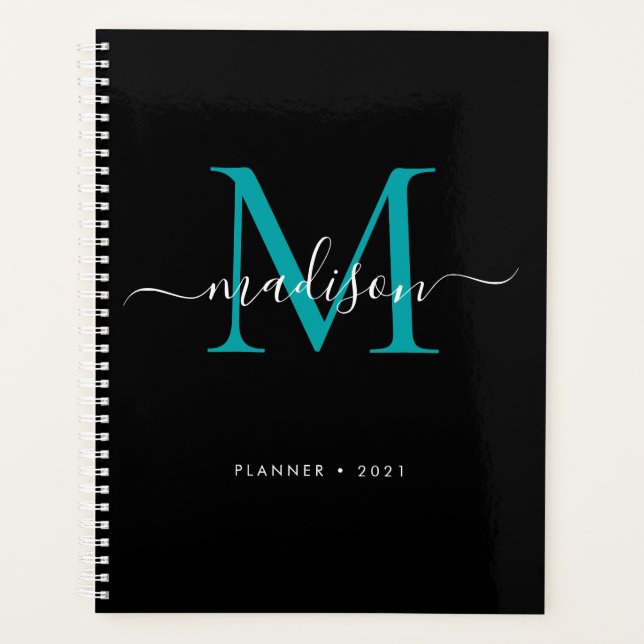 Moderne Monogram Black Aquamarin Green Girly Scrip Planer (Vorderseite)