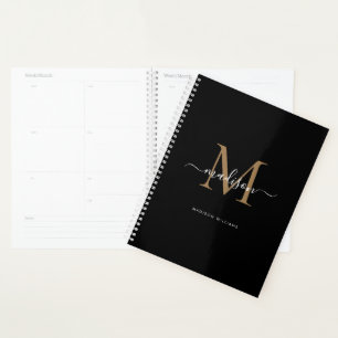 Moderne Monogram Black Gold Elegante Script Name Planer