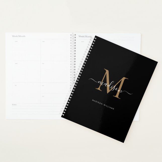 Moderne Monogram Black Gold Elegante Script Name Planer (Anzeige)