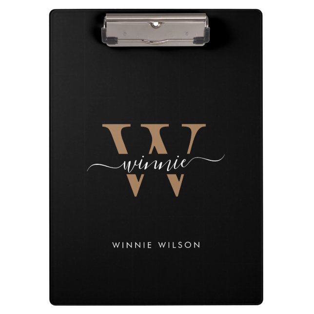 Moderne Monogram Black Gold Minimal Script Name Klemmbrett (Vorderseite)