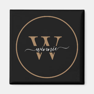 Moderne Monogram Black Gold Minimal Script Name Magnet