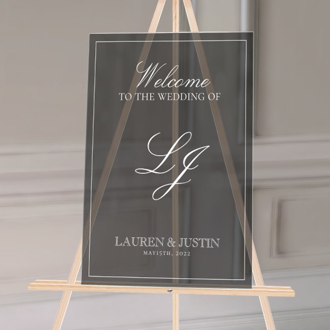 Moderne Monogram Black & White Script Willkommen Acrylschild (Wedding Welcome Sign!)