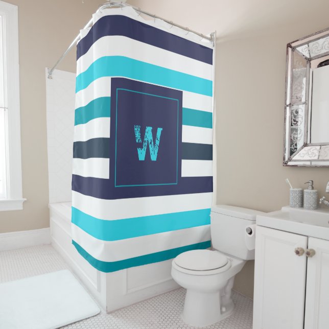 Moderne Monogram Blue Aquamarin Stripes Duschvorhang (Beispiel)